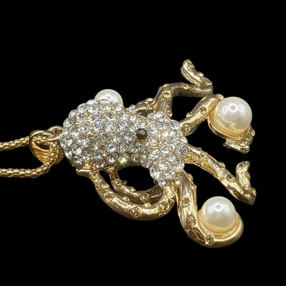 Octopus Pendant Necklace Rhinestone Faux Pearl Gold Tone Giftboxed Ocean - Picture 6 of 7